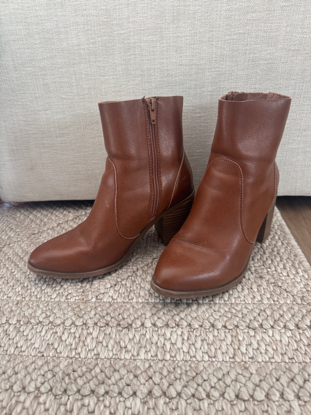 Universal Thread Brown Leather Ankle Booties with Stacked Heel